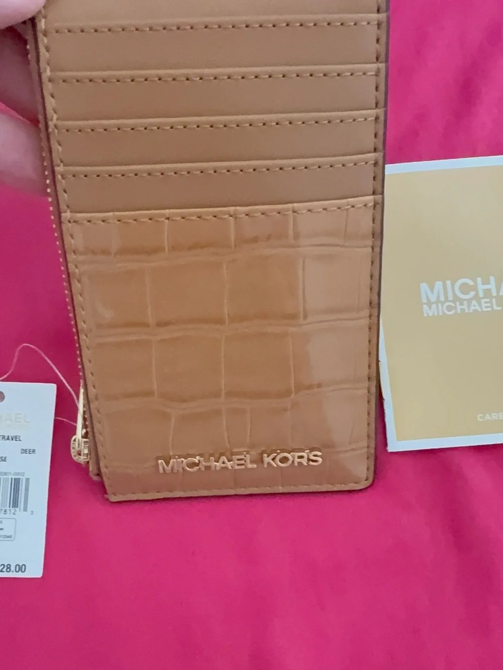 NWT MICHAEL KORS Jet Set Travel Croc Embossed Zip Card Case Wallet Deer Tan NEW